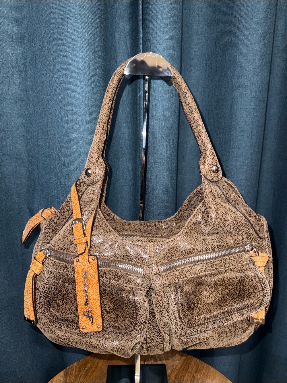 b. makowsky Brown Shoulder Bag with Tan Accent